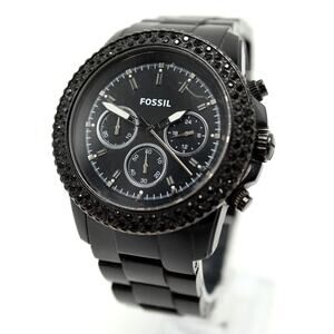 Fossil Black Acrylic 42mm Unisex Chronograph Watch Gem Set CH2672 w New Battery